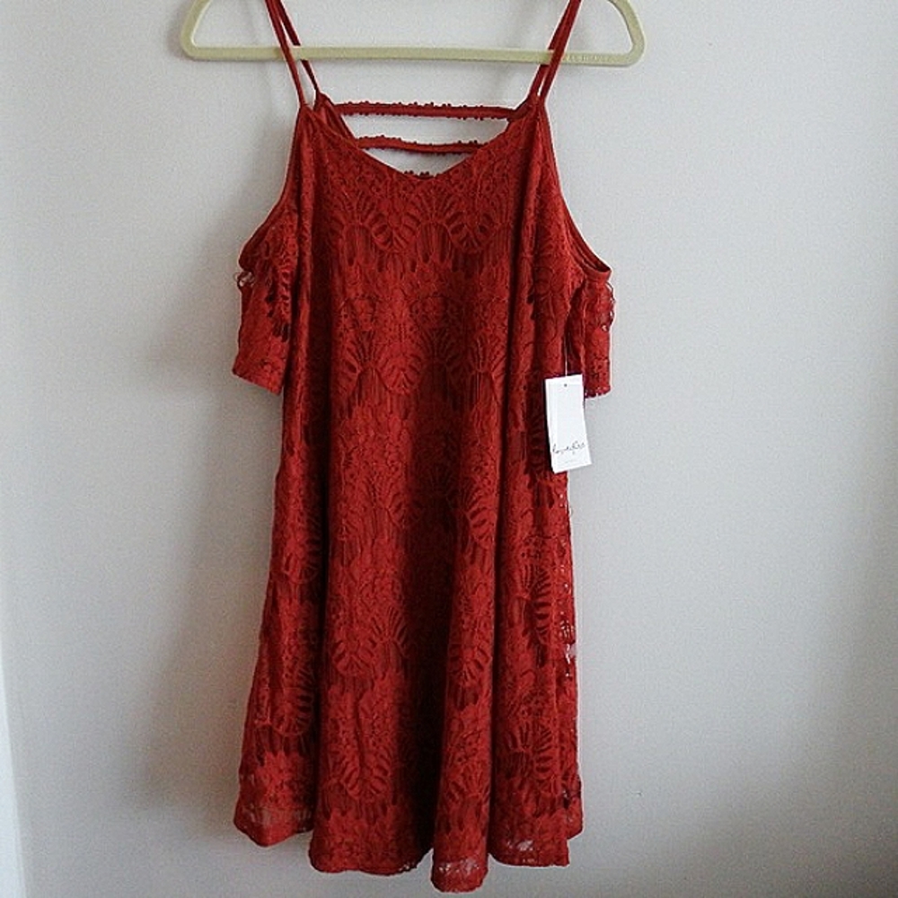 NWT Love Fire Spice Red Lace Overlay Dress M